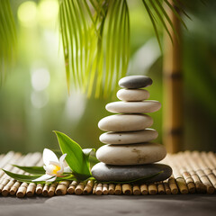 Zen stones balanced on a bamboo mat with a flower. Generative ai. 
