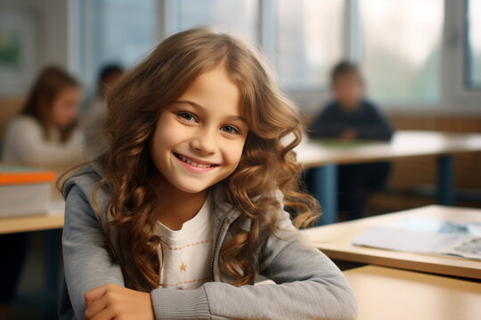 The photo shoot of a little cute female elementary student sits in a class seat shot on a blurry background of classmates. Generative AI.
