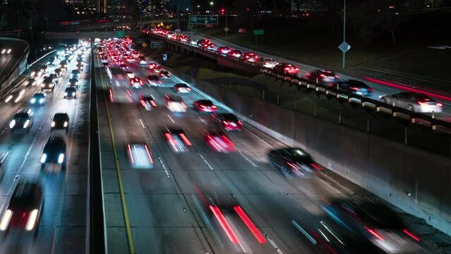 Los Angeles Downtown Busy Freeway Night Traffic Jam Time Lapse California USA