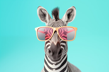 Zebra com óculos escuros coloridos isolada no fundo azul claro - Papel de parede criativo  - obrazy, fototapety, plakaty