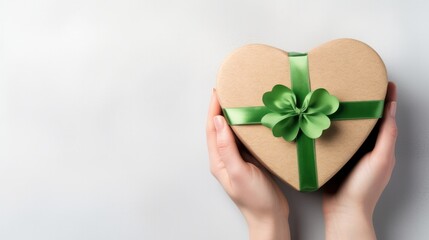 hands holding heart gift box green ribbon present on white background. St.patrick's day, Valentine's day, birthday. mother's day. Mock up template product presentation. Copy text space.