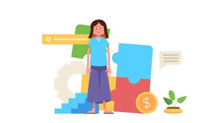 A young girl standing in front of the puzzle