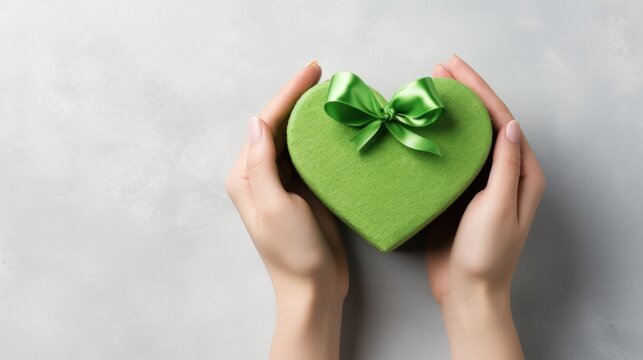 hands holding gift box green heart ribbon present on white background. St.patrick's day, Valentine's day, birthday. mother's day. Mock up template product presentation. Copy text space.