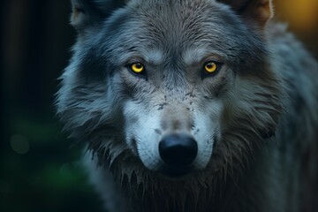 Lobo cinzento rosto na floresta escura - Papel de parede  - obrazy, fototapety, plakaty