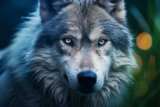 Fototapeta Lobo cinzento rosto na floresta escura - Papel de parede 
