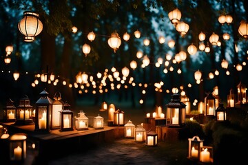 Evening wedding ceremony with a lot of vintage lanterns, lamps, candles. Unusual outdoor ceremony...