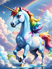 Beautiful unicorn horse, cloudy background with rainbow, cute 3d render style. ai generative