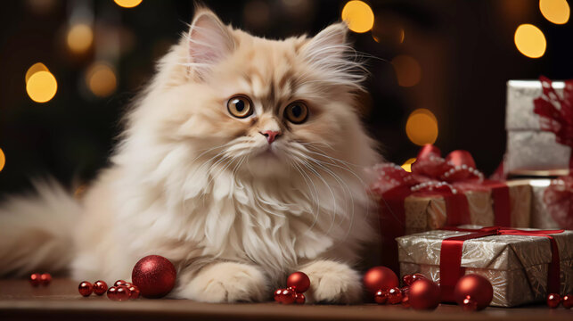 cat near Christmas gift, red decoration