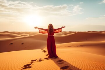 Fototapeta na wymiar Beautiful young woman in red dress standing in the desert and looking at sunset