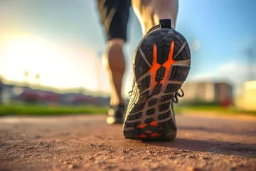 Foto op Aluminium Runner feet running on city road at beautiful sunrise. woman fitness jogging workout wellness concept. © 沈 建亨