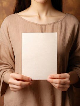 A young woman dressed in linen holds a blank board wedding invitation mockup held vertically against a beige paper background created with Generative AI Technology