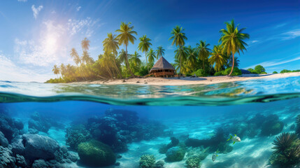 Fototapeta na wymiar Beautiful Half undersea turtles fish coral reef and half above tropical island clear light blue water palm trees, sky, sunlight created with Generative AI Technology