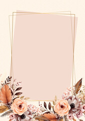 Peach beige and brown watercolor hand painted background template for Invitation with flora and flower
