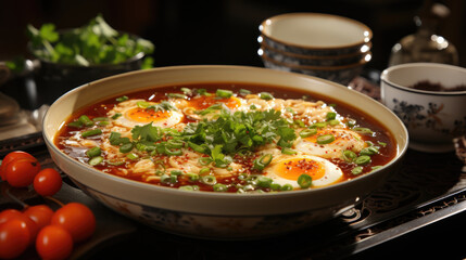 Hot and sour stew soup with eggs and meat in a white bowl plate made with Generative AI Technology 