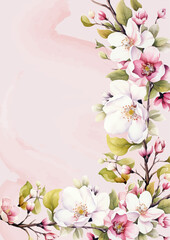 White and pink modern background watercolor invitation with floral and flower