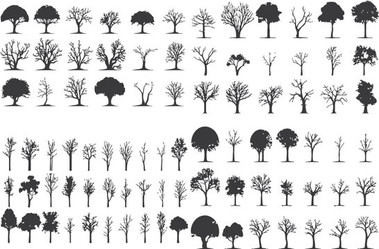 Trees in silhouette style. Vector, sticker, solid black silhouette image on white background,