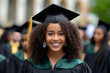 The portrait of a fresh graduated student is smiling and celebrating the important day in her life. on Generative AI. - obrazy, fototapety, plakaty