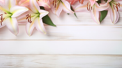 Spring floral background Fresh blooming Lilies flowers on soft gray wooden table with empty space for text created with Generative AI Technology