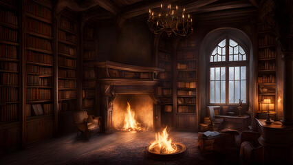 Fototapeta na wymiar A cozy, dimly lit library in an old castle, with dusty books lining the shelves and a crackling fireplace