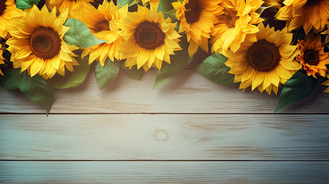 Spring floral background Fresh blooming sunflowers on soft gray wooden table with empty space for text created with Generative AI Technology