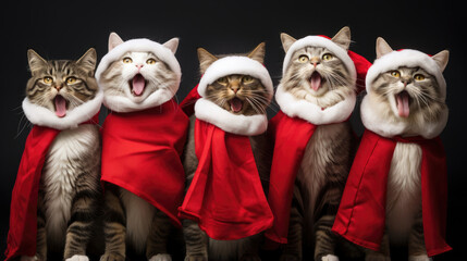 choir of cats singing Christmas theme with red santa claus hats and red winter scarves on dark background created with Generative AI Technology - obrazy, fototapety, plakaty