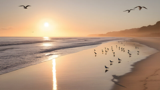A tranquil beach at sunrise, with the waves gently lapping the shore and seagulls in the distance © AI QUALITY IMAGES