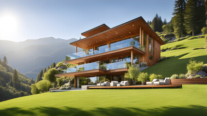 an illustration of Sunny home showcase exterior lawn and tree below mountain