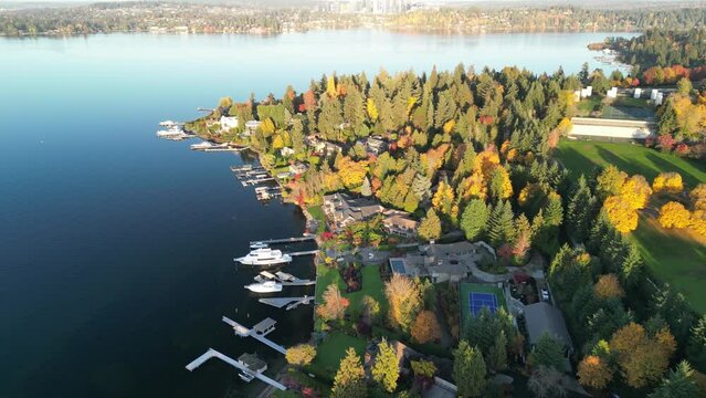 Aerial View of Lakeside Community in Autumn