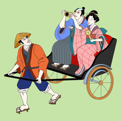 Ukiyo e style people on rickshaw - obrazy, fototapety, plakaty