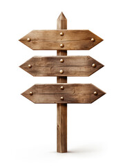 wooden signboard post with three arrows pointing in different directions Isolated on a white background
