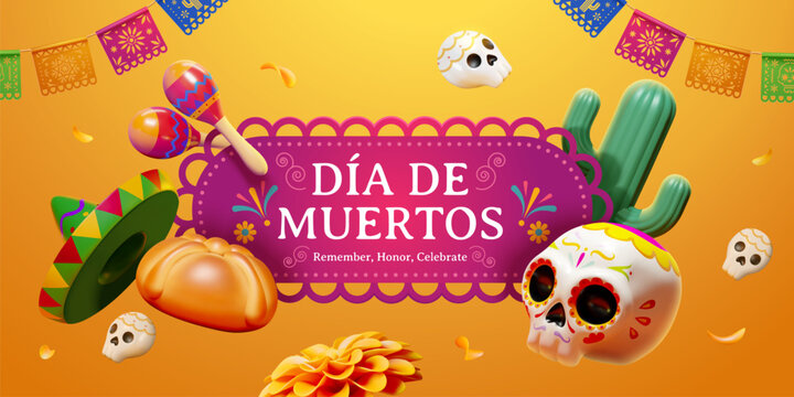 3D yellow day of the dead banner