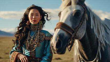 Obraz premium beautiful Asian woman wearing luxurious traditional Mongolian clothing standing next to a horse 