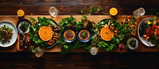 The background of the wooden table was adorned with a vibrant green leaf and a plate filled with healthy organic food such as an orange providing a natural burst of health benefits The gourm