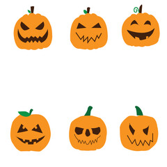 6 vector Halloween pumpkin icon set in black and orange colors. Simple pumpkin vector line drawing in filled and outlined style.