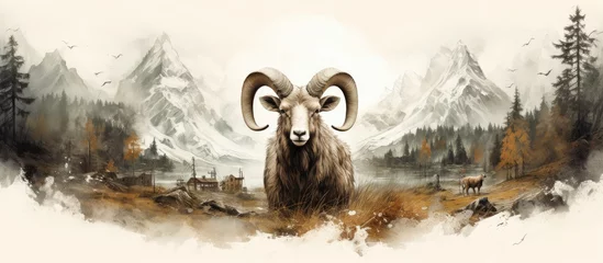 Poster Crâne aquarelle In the beautiful alpine nature an old isolated sheep stands gracefully in the background its intricate white hand drawn watercolor illustration resembling the beauty of an animal skull