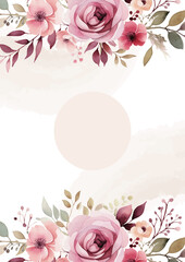 Pink white and beige vector frame with foliage pattern background with flora and flower