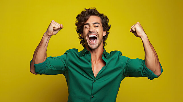 Fashion model of a man with fist raised in the air with a lively and youthful facial expression style on a yellow background created with Generative AI Technology