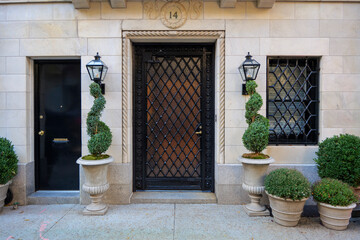 beautiful front door of a house with an aristocratic family in the center of Manhattan. High...