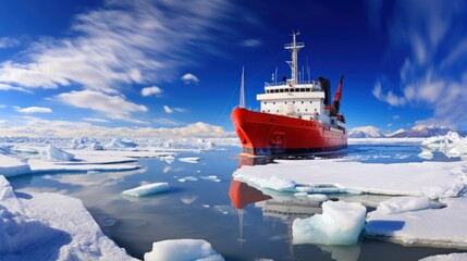 Icebreaker goes on the sea among the blue icy desert.