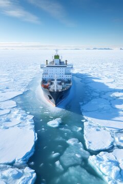 Icebreaker goes on the sea among the blue ice. Vertical photo.