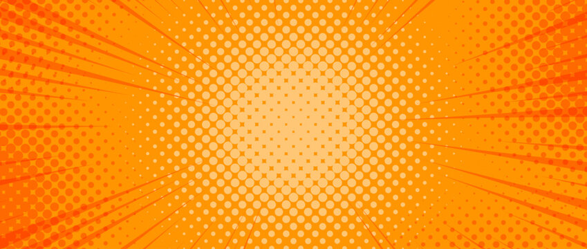 Orange radial dotted comic background. Speed lines wallpaper with pop art halftone texture. Anime cartoon rays explosion backdrop for poster, banner, print, brochure, cover, leaflet. Vector