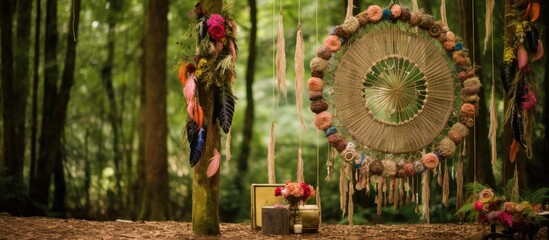 Fototapeta premium The Indian wedding had a beautiful backdrop of a lush forest surrounded by tall trees with colorful feathers hanging from branches while the dream catcher design incorporated intricate wood