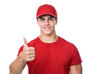 Young man wearing red clothes showing thumbs up isolated on transparent background