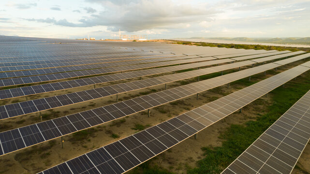 Utility scale solar farm or pv plant with bifacial modules and trackers