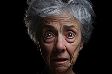 scowl senior Caucasian woman, head and shoulders portrait on black background. Neural network generated image. Not based on any actual person or scene.
