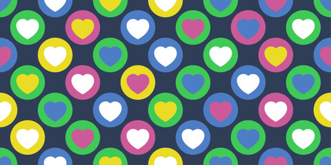 Colored hearts in circles, bright and stylish background. For print, notebooks, pillows, textiles, cups, interior, stylish design.