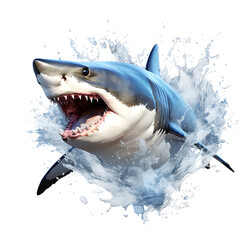 Obraz premium Great white shark with water splash isolated on a white background. Generative ai. 