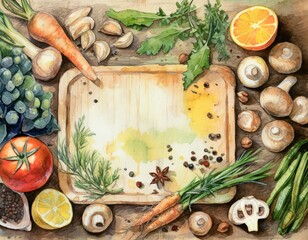 Water Color Painting Variety of allspice ingredients and condiments for food seasoning on cutting board in old fashioned kitchen