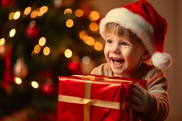 Fototapeta na wymiar Joyful Child in Santa Hat Holding Christmas Present