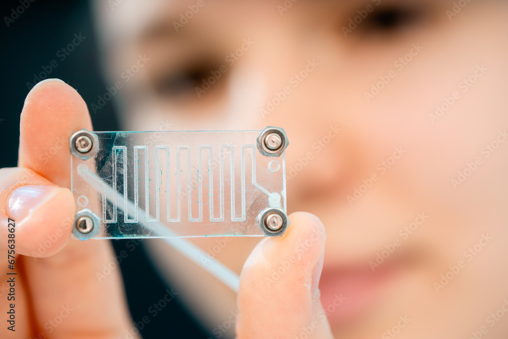 Canvas Prints a young woman holds a microfledik device for microbiological research in her hands